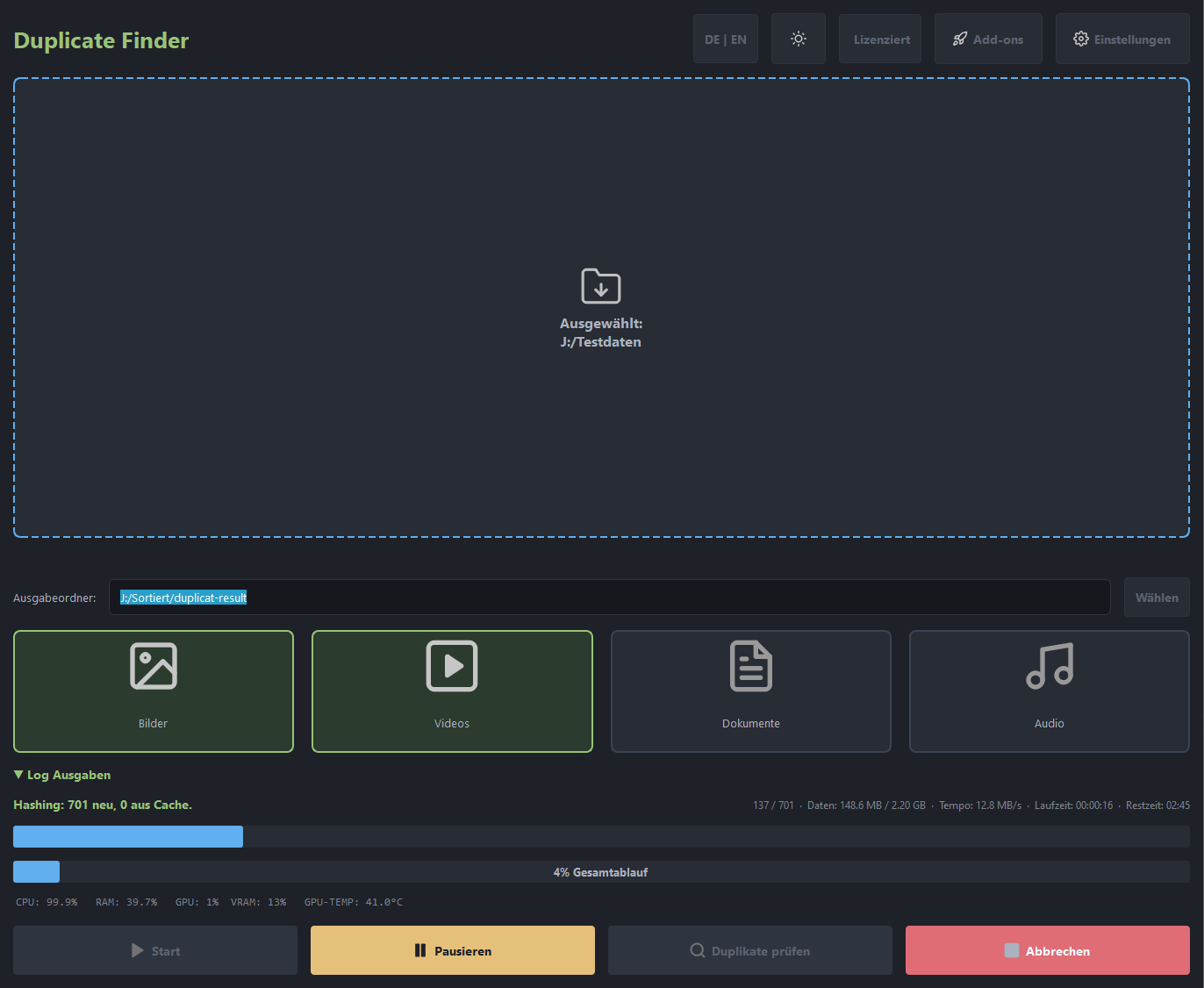 DuplicateFinder KI Edition – Startbildschirm